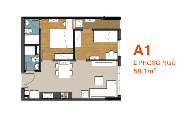 Thiết kế căn hộ 2 phòng ngủ 58,1 m2