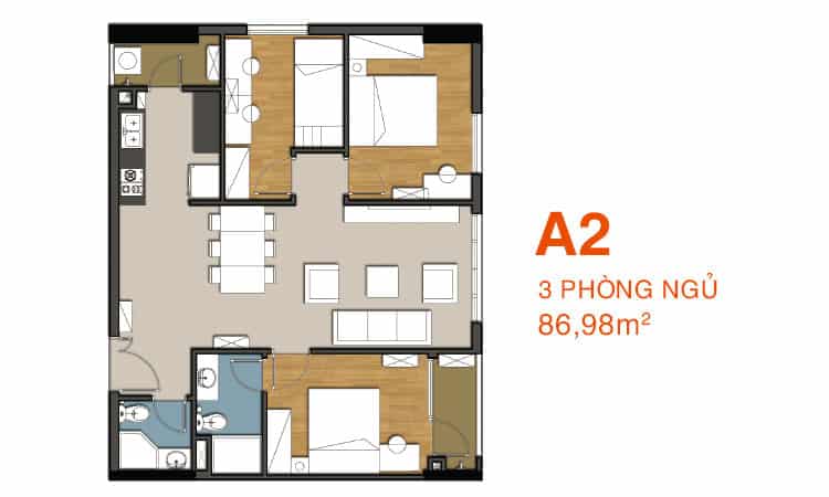 Thiết kế căn hộ 3 phòng ngủ 86,98 m2