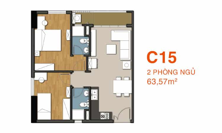 Thiết kế căn hộ 2 phòng ngủ 63,57 m2